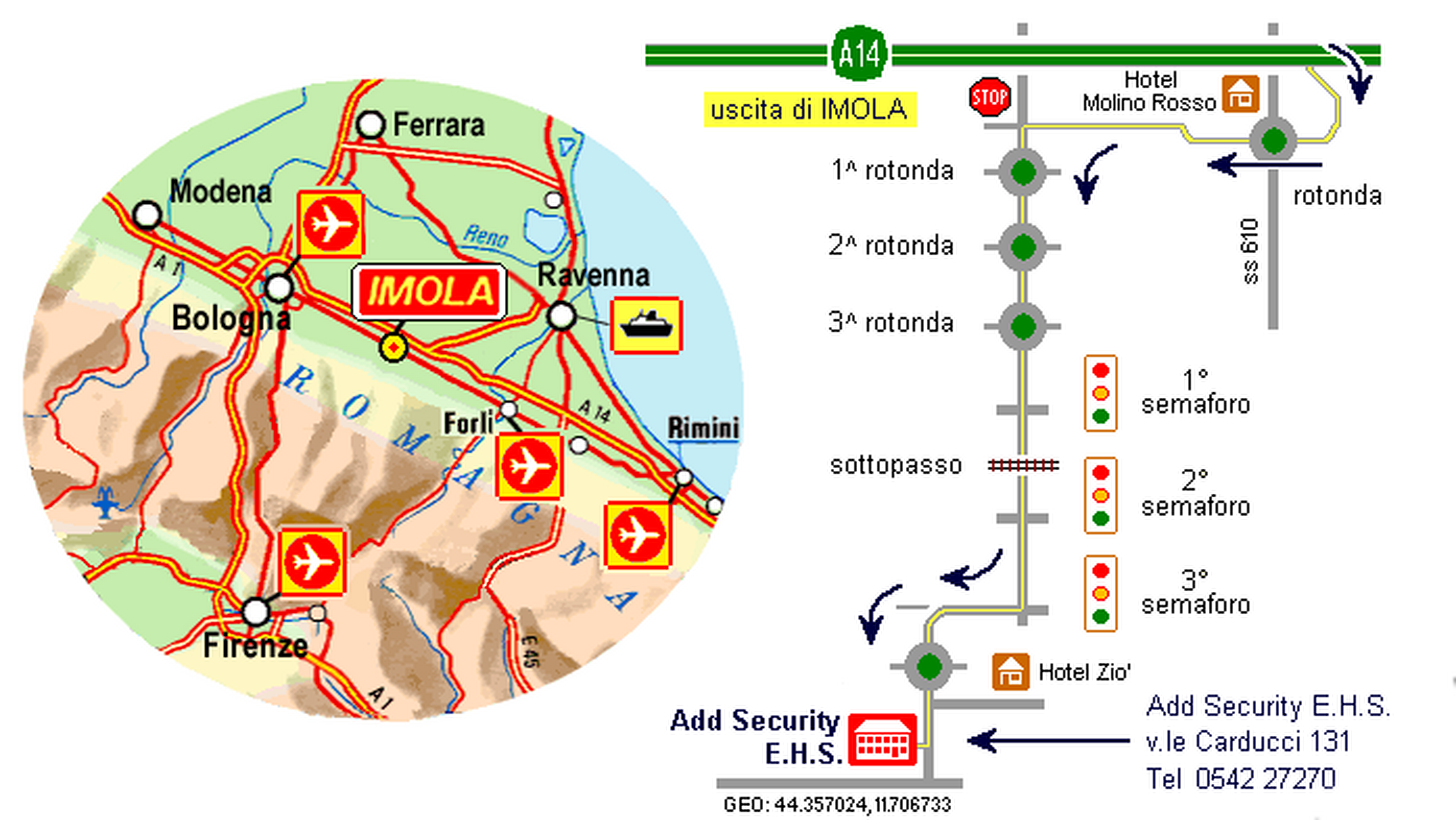 Mappa geografica e percorso per raggiungere la sede E.H.S. AddSecurity a Imola